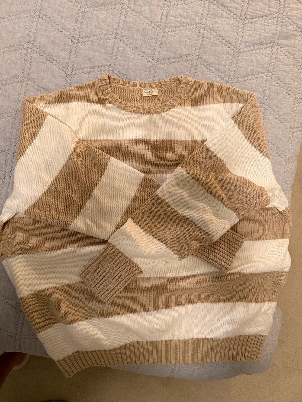 Brandy Melville Beige and Cream Striped Crewneck Sweater